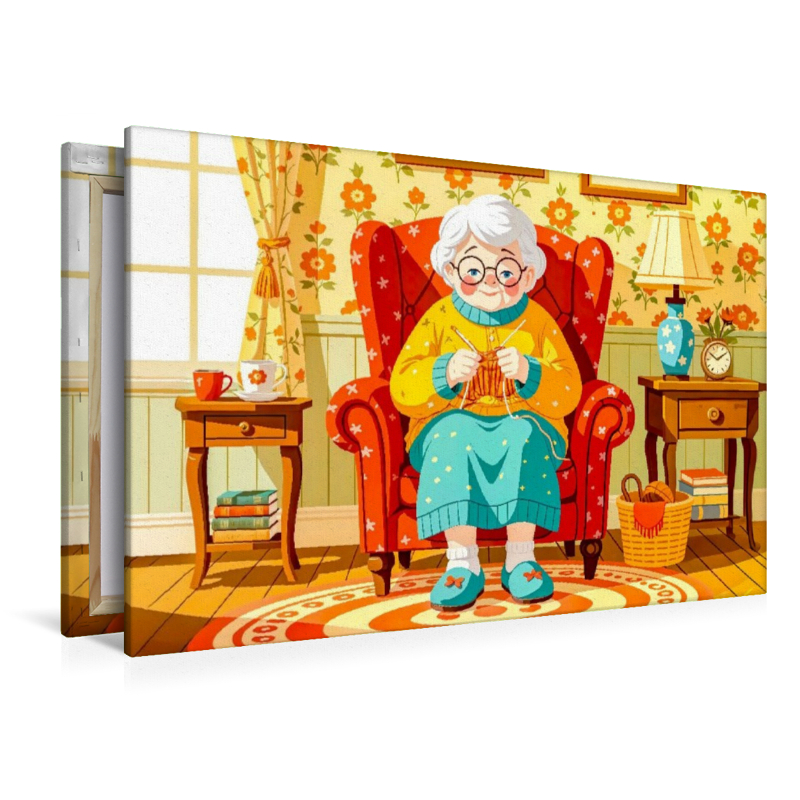 Oma strickt zufrieden im bequemen Sessel zu Hause