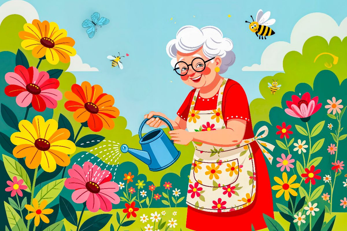 Oma gießt bunte Blumen im Garten mit voller Freude