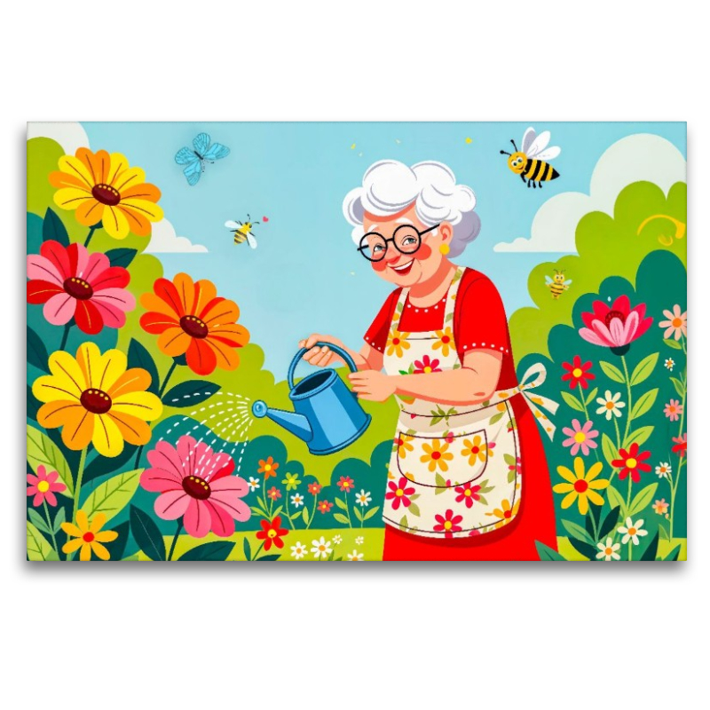 Oma gießt bunte Blumen im Garten mit voller Freude