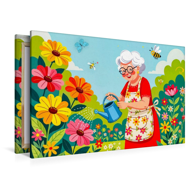 Oma gießt bunte Blumen im Garten mit voller Freude