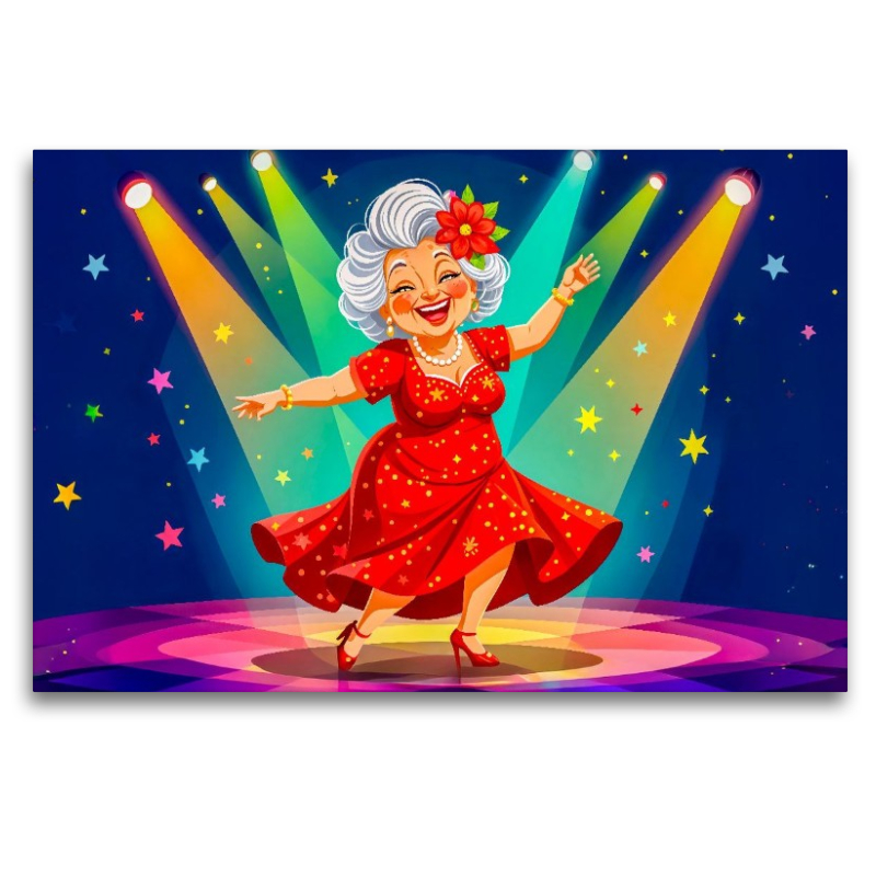 Oma tanzt lachend im roten Kleid auf heller Bühne