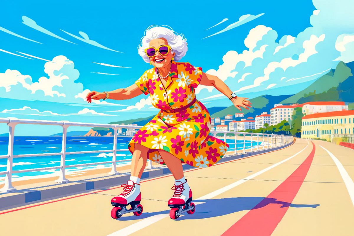 Oma auf Skateboard Promenade
