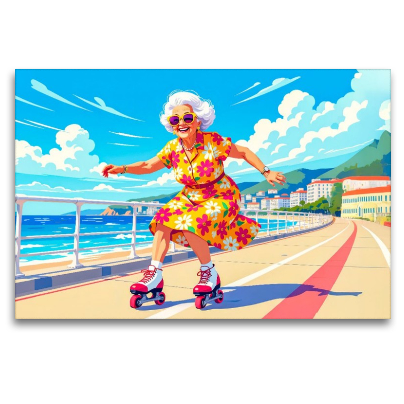 Oma auf Skateboard Promenade