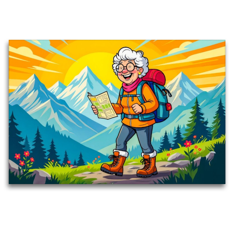 Oma wandert fröhlich mit Rucksack durch sonnige Berglandschaft