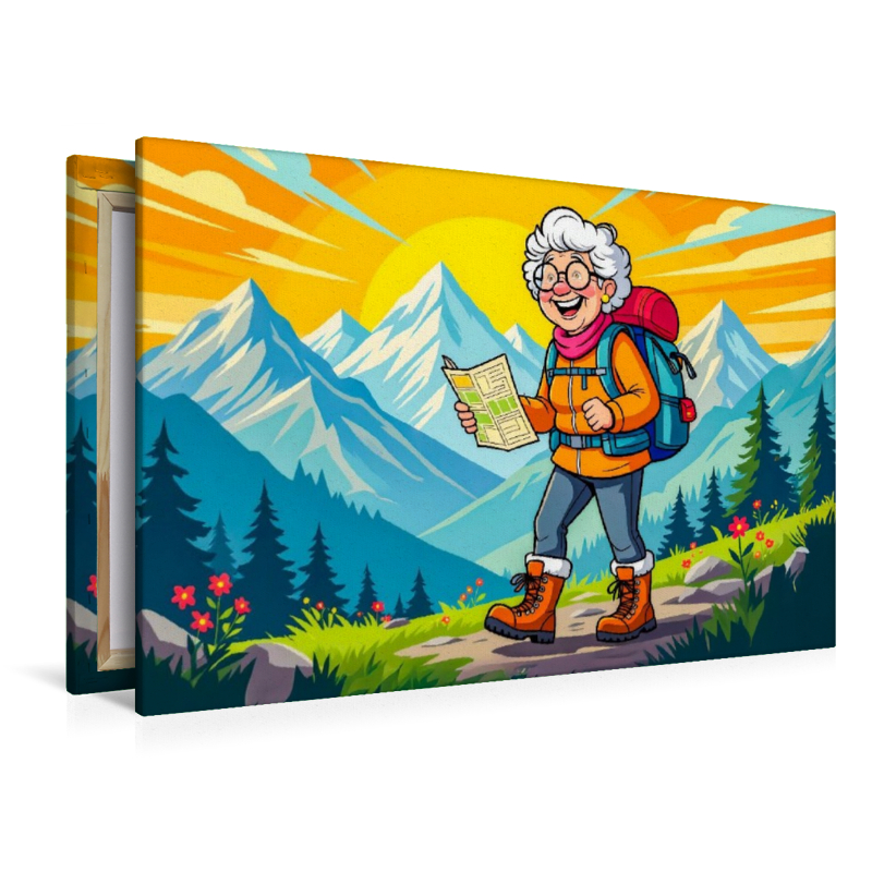 Oma wandert fröhlich mit Rucksack durch sonnige Berglandschaft