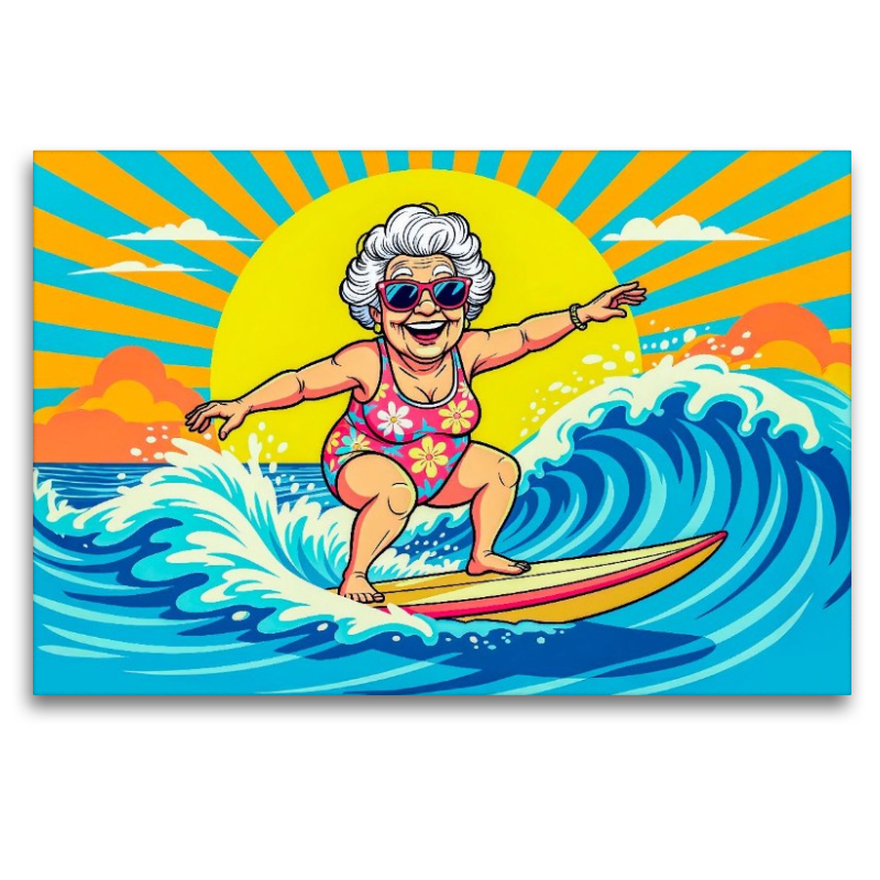 Oma surft die Wellen im Meer