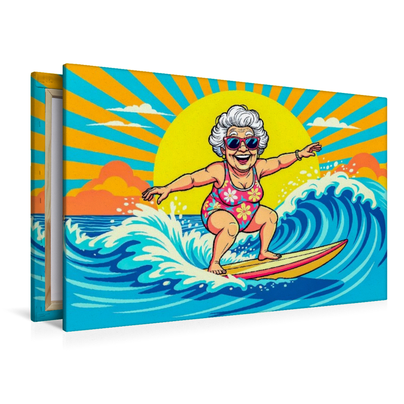 Oma surft die Wellen im Meer