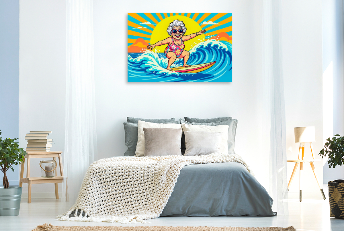 Oma surft die Wellen im Meer
