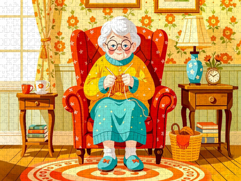 Oma strickt zufrieden im bequemen Sessel zu Hause