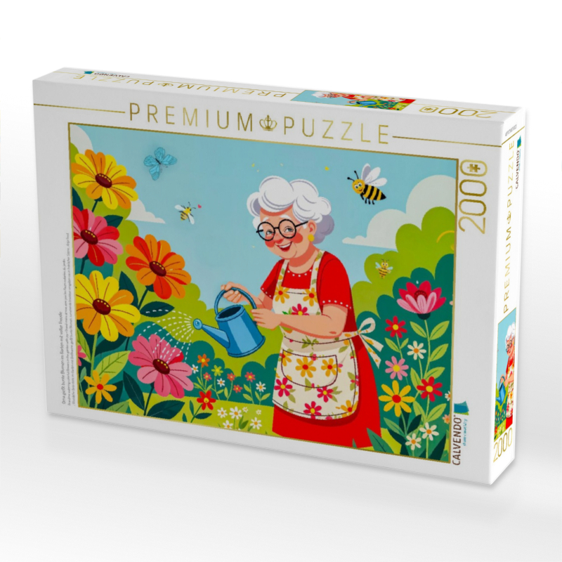 Oma gießt bunte Blumen im Garten mit voller Freude