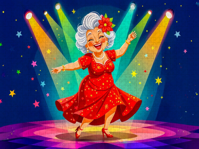 Oma tanzt lachend im roten Kleid auf heller Bühne