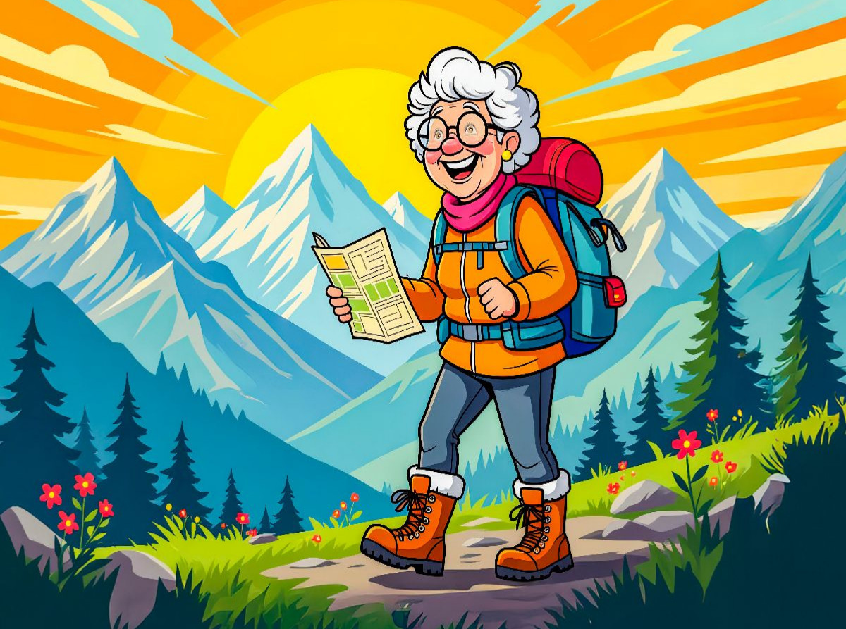 Oma wandert fröhlich mit Rucksack durch sonnige Berglandschaft