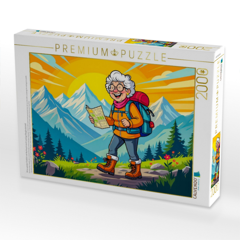 Oma wandert fröhlich mit Rucksack durch sonnige Berglandschaft
