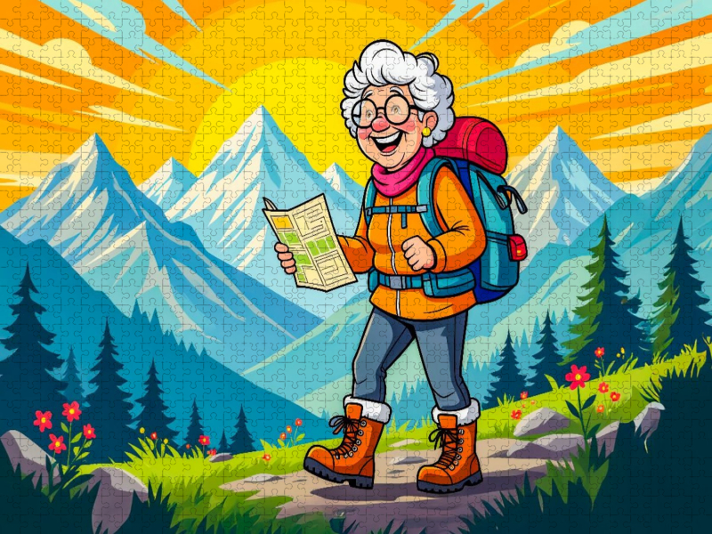 Oma wandert fröhlich mit Rucksack durch sonnige Berglandschaft