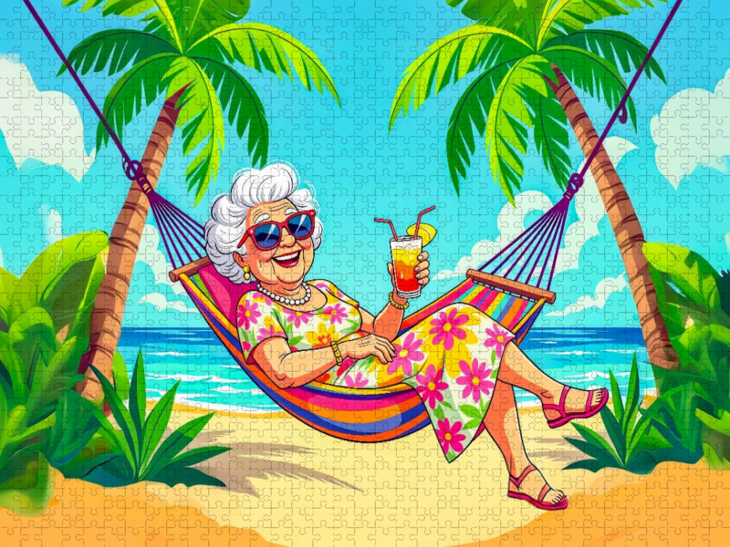 Oma in der Hängematte genießt endlose Cocktails