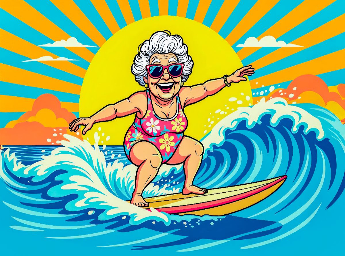 Oma surft die Wellen im Meer