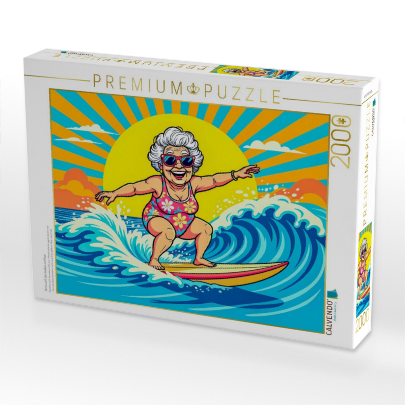 Oma surft die Wellen im Meer