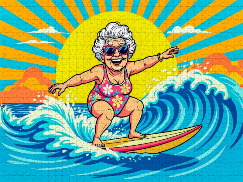 Oma surft die Wellen im Meer