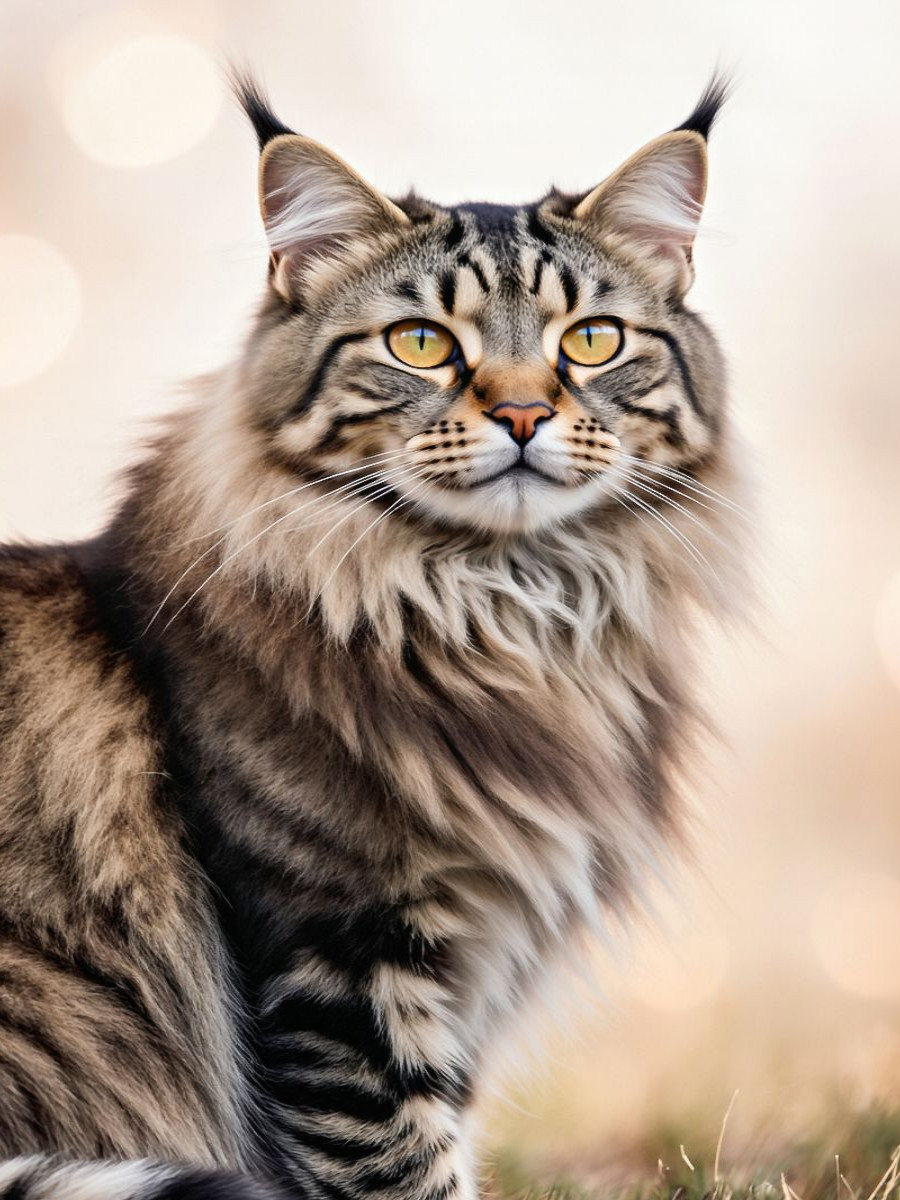 Eine Maine Coon Katze blickt majestätisch in die Ferne und zeigt ihre eindrucksvolle Schönheit.