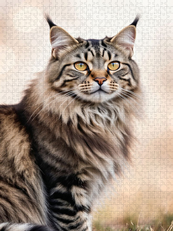 Eine Maine Coon Katze blickt majestätisch in die Ferne und zeigt ihre eindrucksvolle Schönheit.