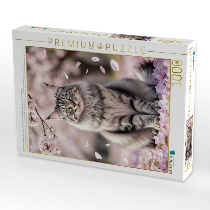 Eine Maine Coon Katze sitzt zwischen Kirschblüten und strahlt Ruhe und Anmut im Frühling aus.