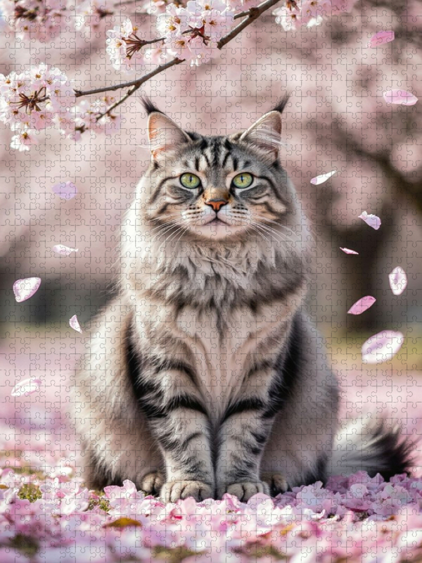 Eine Maine Coon Katze sitzt zwischen Kirschblüten und strahlt Ruhe und Anmut im Frühling aus.