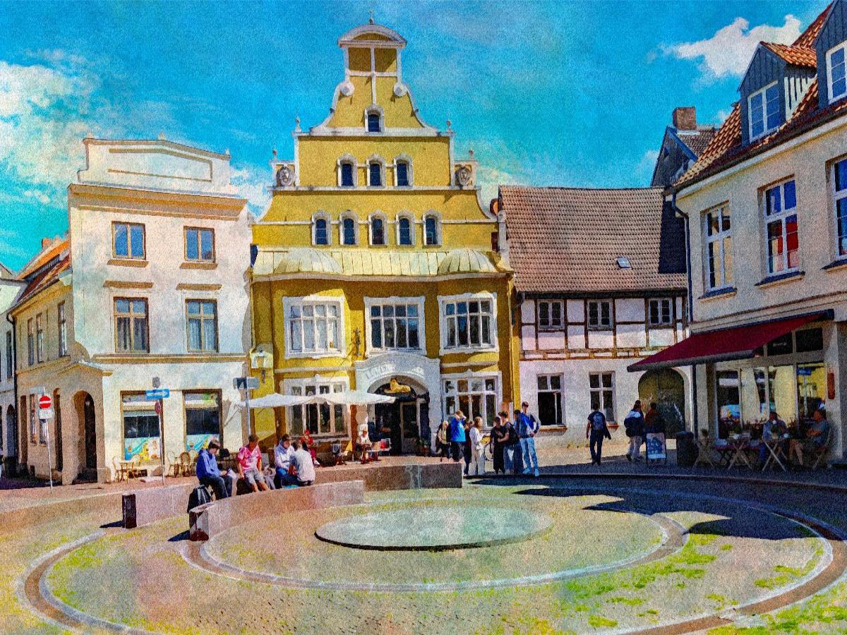 Der Brunnen vor der Löwenapotheke in feinen Aquarellfarben