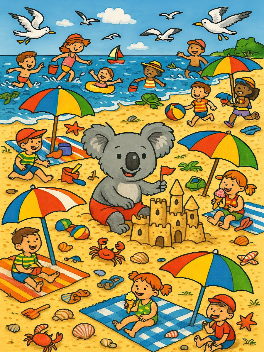 Koala im Sommer, Sonne, Strand und Sandburgen