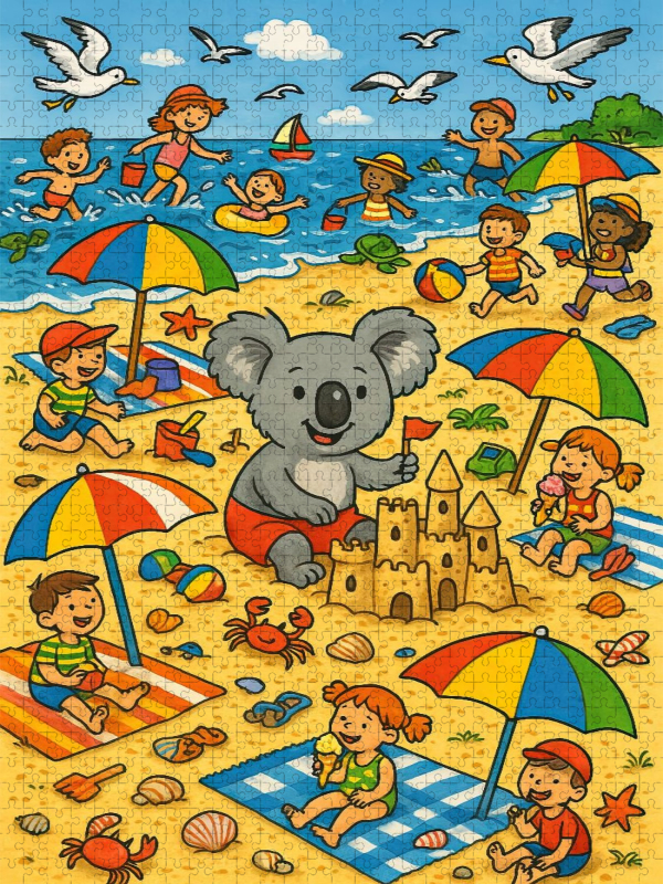 Koala im Sommer, Sonne, Strand und Sandburgen