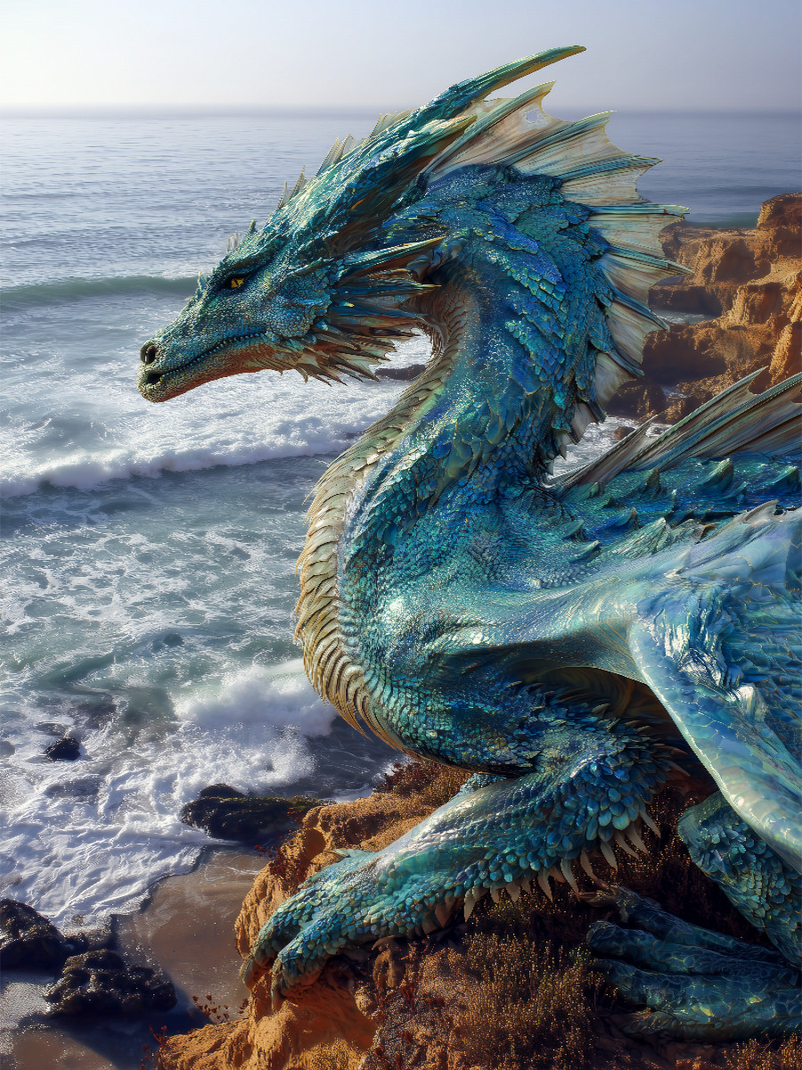 Blauer Drache am Meer - Fantasy Drachenpuzzle