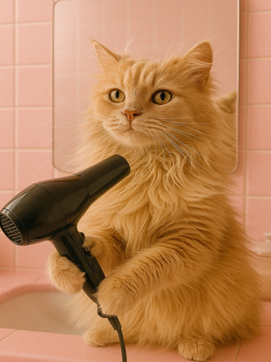 Katze am Frisieren und Fönen