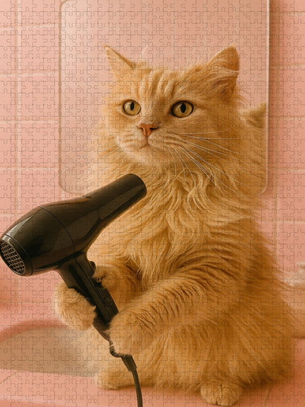 Katze am Frisieren und Fönen