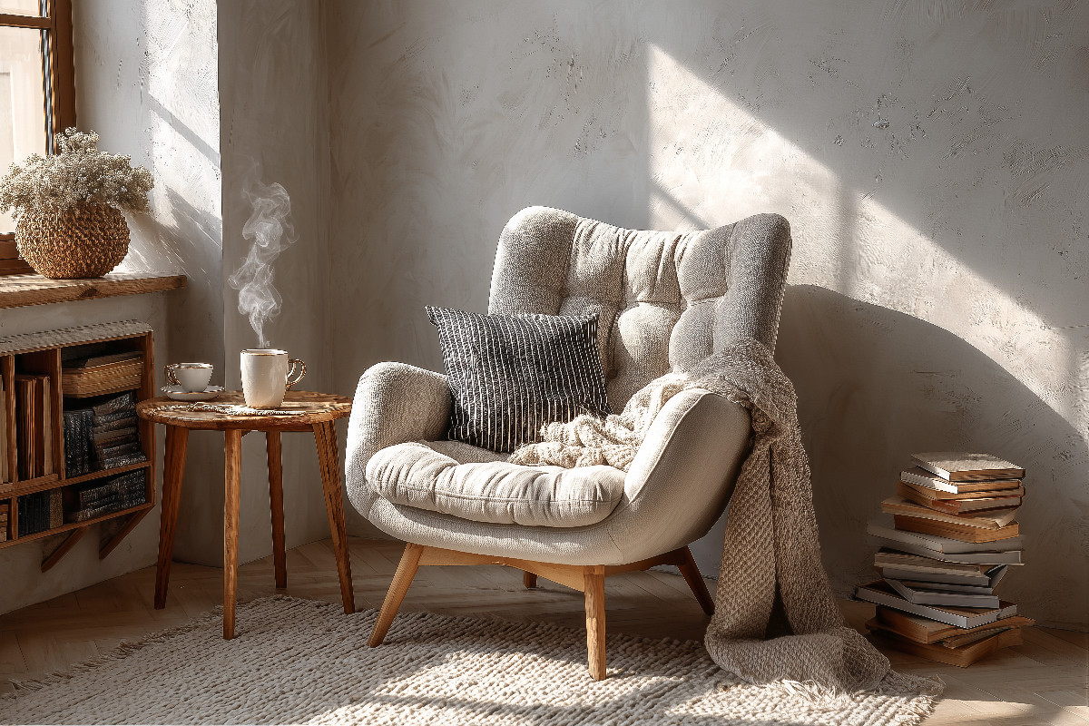 Ein gemütlicher Sessel im skandinavischen Stil steht im warmen Sonnenlicht und lädt zum Entspannen und Wohlfühlen ein.