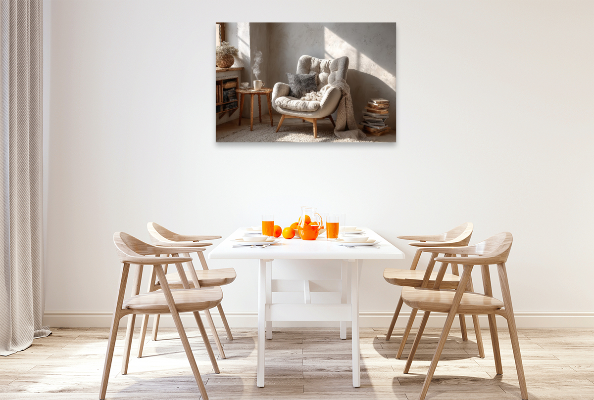 Ein gemütlicher Sessel im skandinavischen Stil steht im warmen Sonnenlicht und lädt zum Entspannen und Wohlfühlen ein.