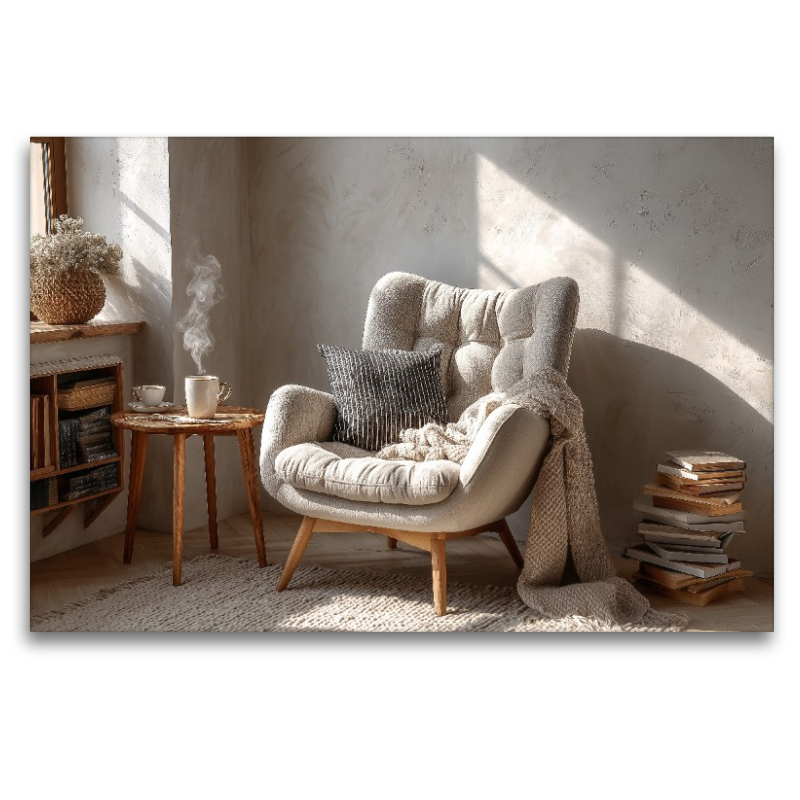 Ein gemütlicher Sessel im skandinavischen Stil steht im warmen Sonnenlicht und lädt zum Entspannen und Wohlfühlen ein.