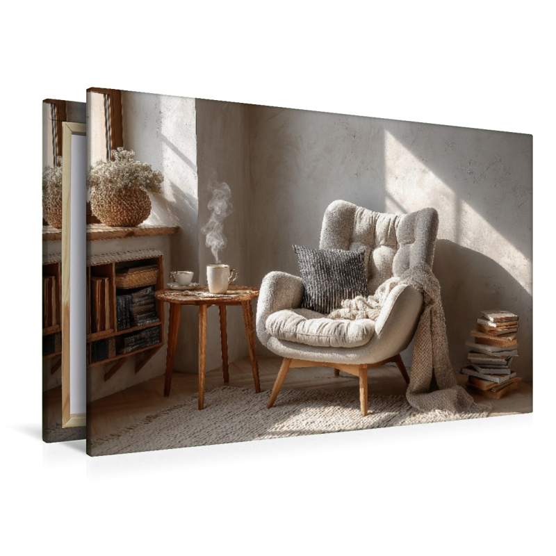 Ein gemütlicher Sessel im skandinavischen Stil steht im warmen Sonnenlicht und lädt zum Entspannen und Wohlfühlen ein.