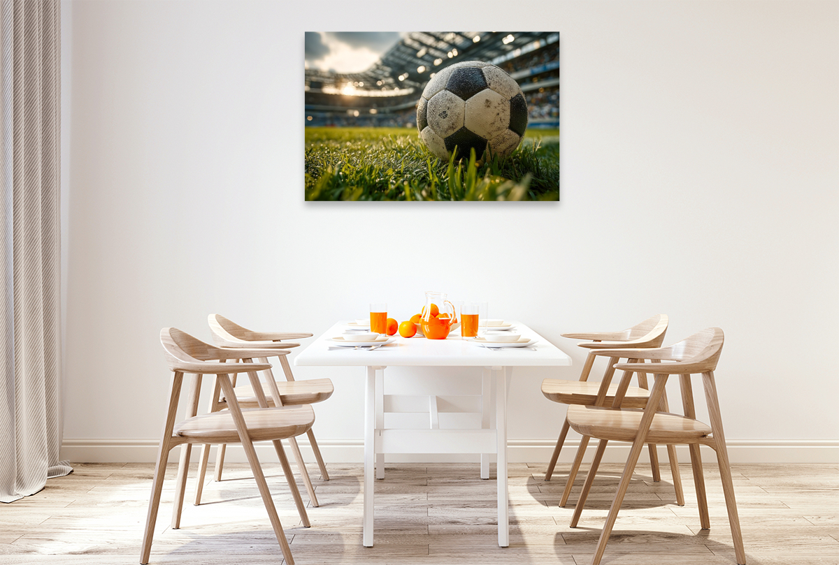 Ein Fußball liegt auf dem grünen Rasen eines vollen Stadions und kündigt den Beginn eines spannenden Spiels an.