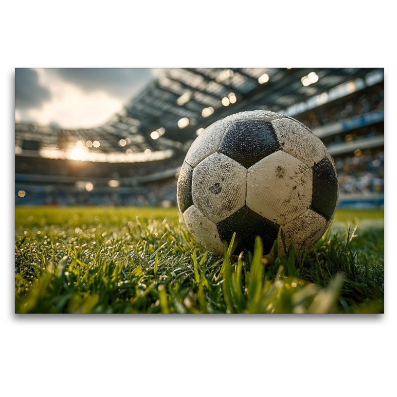 Ein Fußball liegt auf dem grünen Rasen eines vollen Stadions und kündigt den Beginn eines spannenden Spiels an.