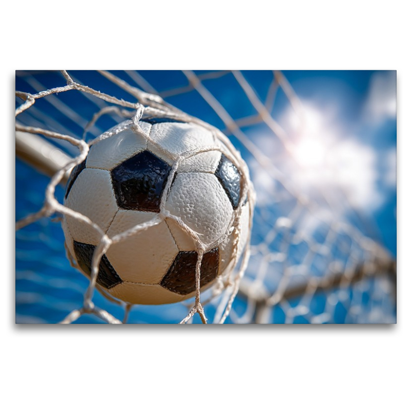 Ein Fußball schlägt kraftvoll im Tornetz ein und fängt den Moment des Erfolgs im perfekten Augenblick ein.