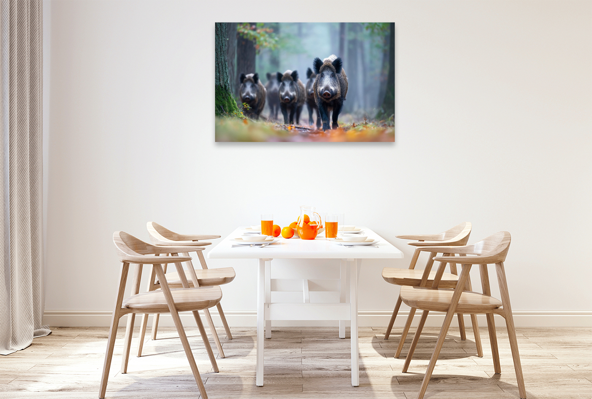 Eine Rotte Wildschweine zieht durch den nebligen Wald und erscheint geheimnisvoll im diffusen Morgenlicht.