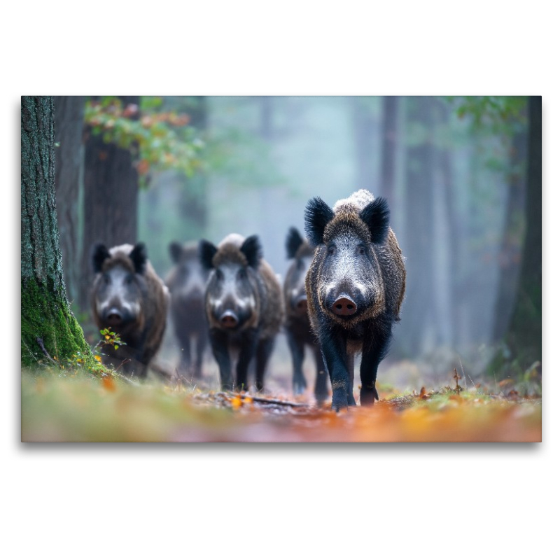 Eine Rotte Wildschweine zieht durch den nebligen Wald und erscheint geheimnisvoll im diffusen Morgenlicht.