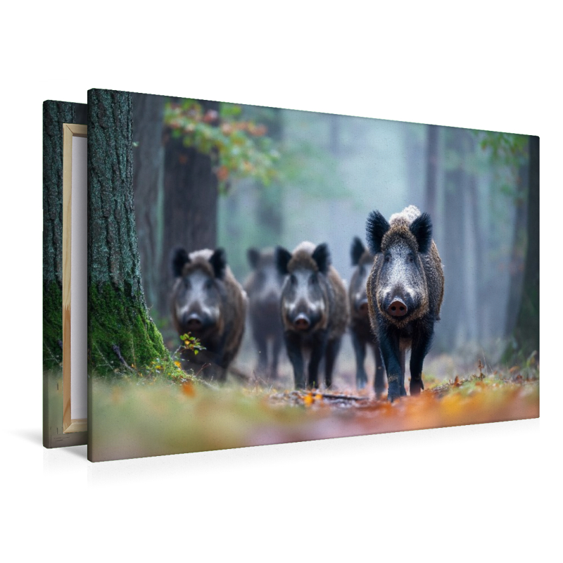 Eine Rotte Wildschweine zieht durch den nebligen Wald und erscheint geheimnisvoll im diffusen Morgenlicht.