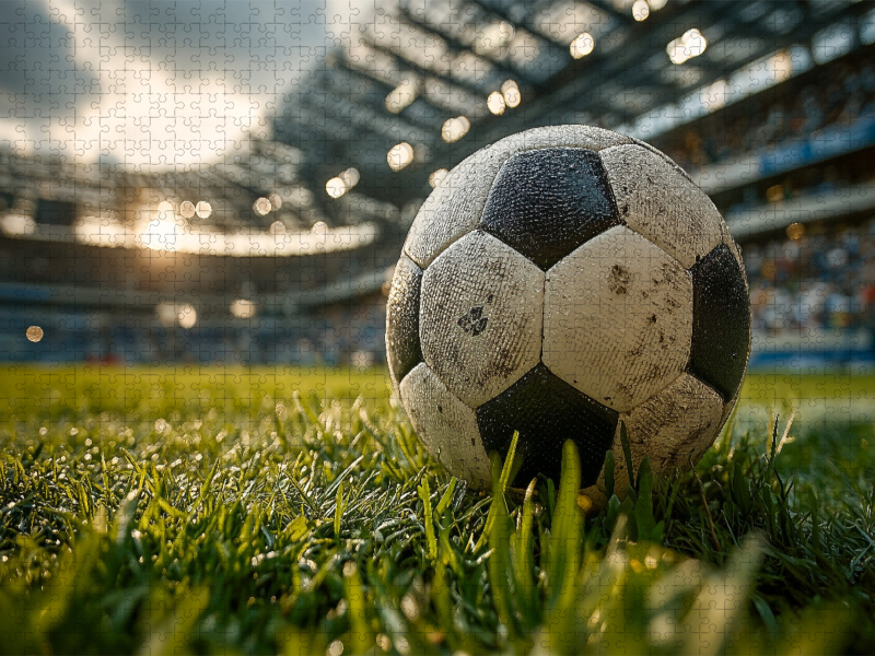 Ein Fußball liegt auf dem grünen Rasen eines vollen Stadions und kündigt den Beginn eines spannenden Spiels an.