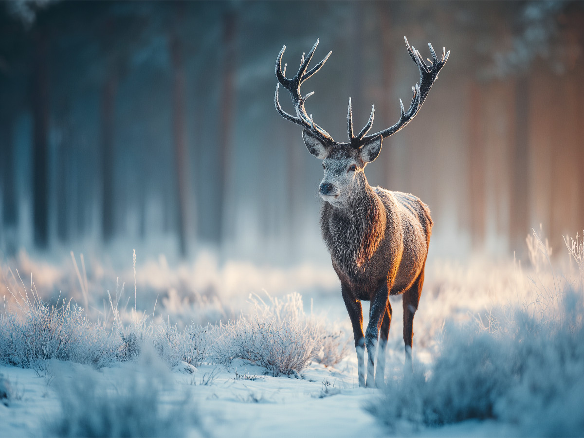 Hirsch im Winterwald - Rotwild im frostigen Morgenlicht
