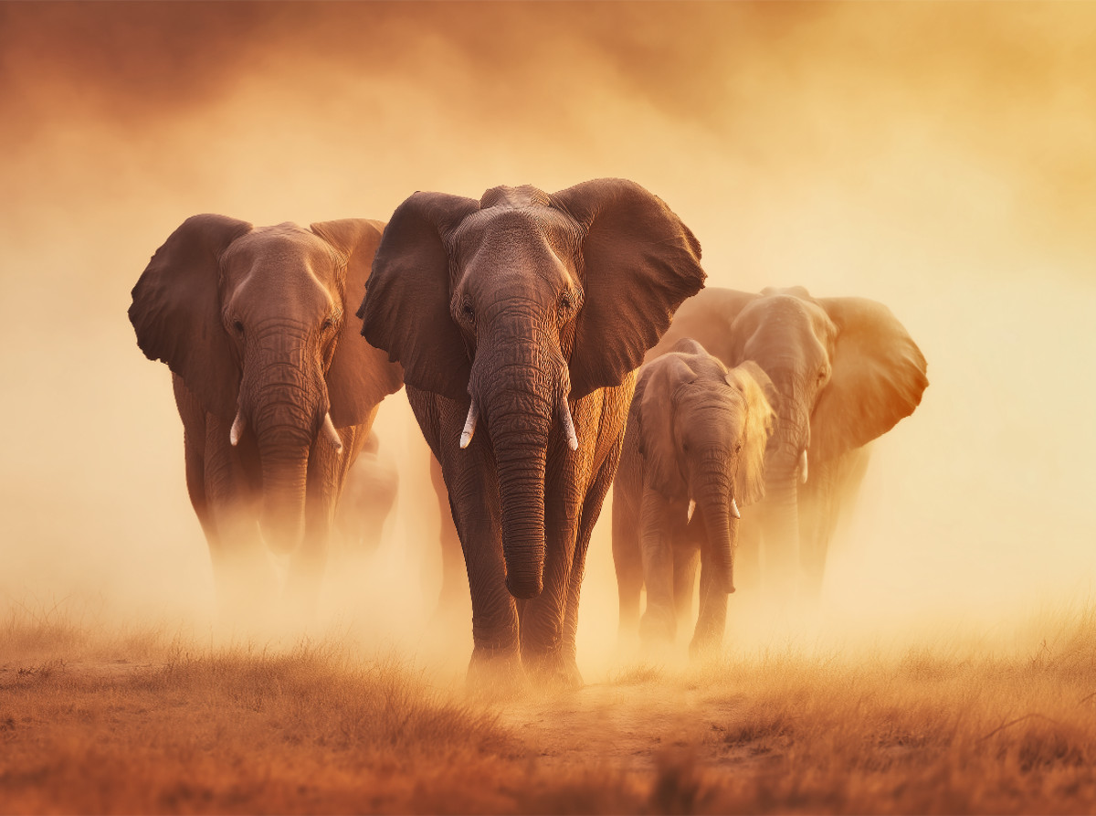 Elefanten, gemeinsam durch das endlose Gold der Sonne