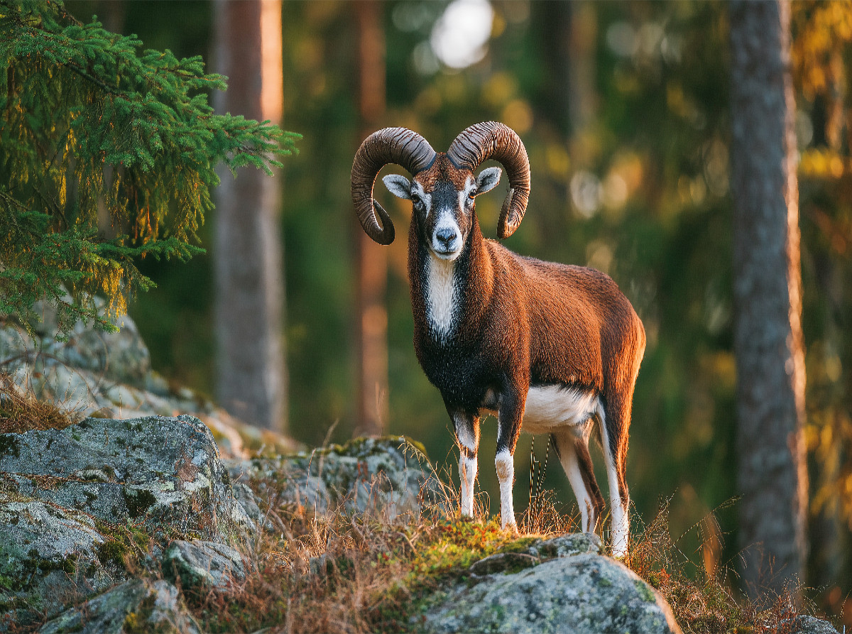 Ein stolzes Mufflon steht auf einem Felsen im Wald und wird vom warmen Licht der Abendsonne beleuchtet, Tierpuzzle