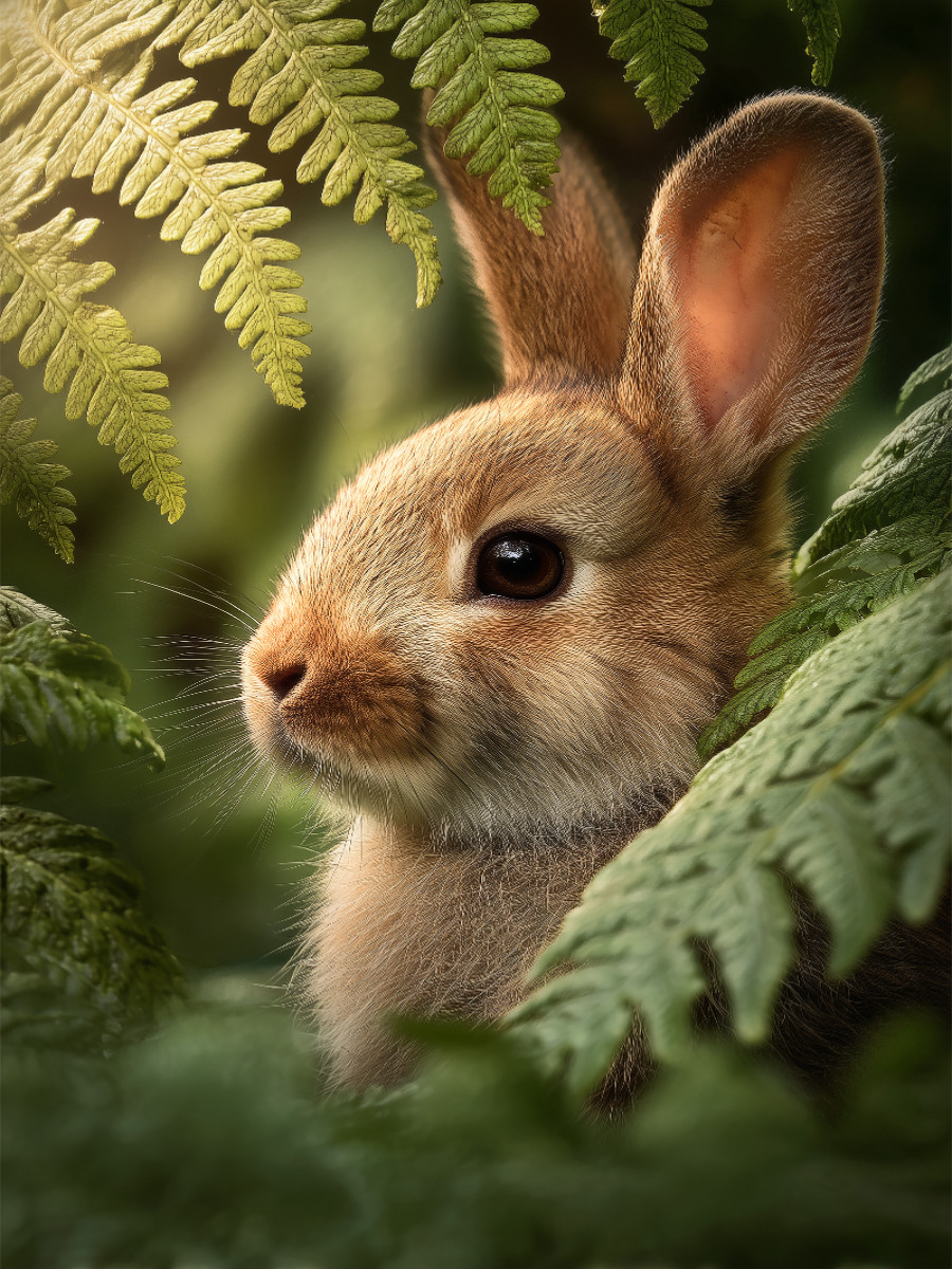 Neugier blinzelt zwischen Farn und Sonne und das Leben lacht zurück