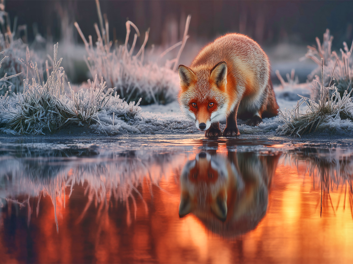 Sanft atmet der Fuchs den Wintermorgen ein