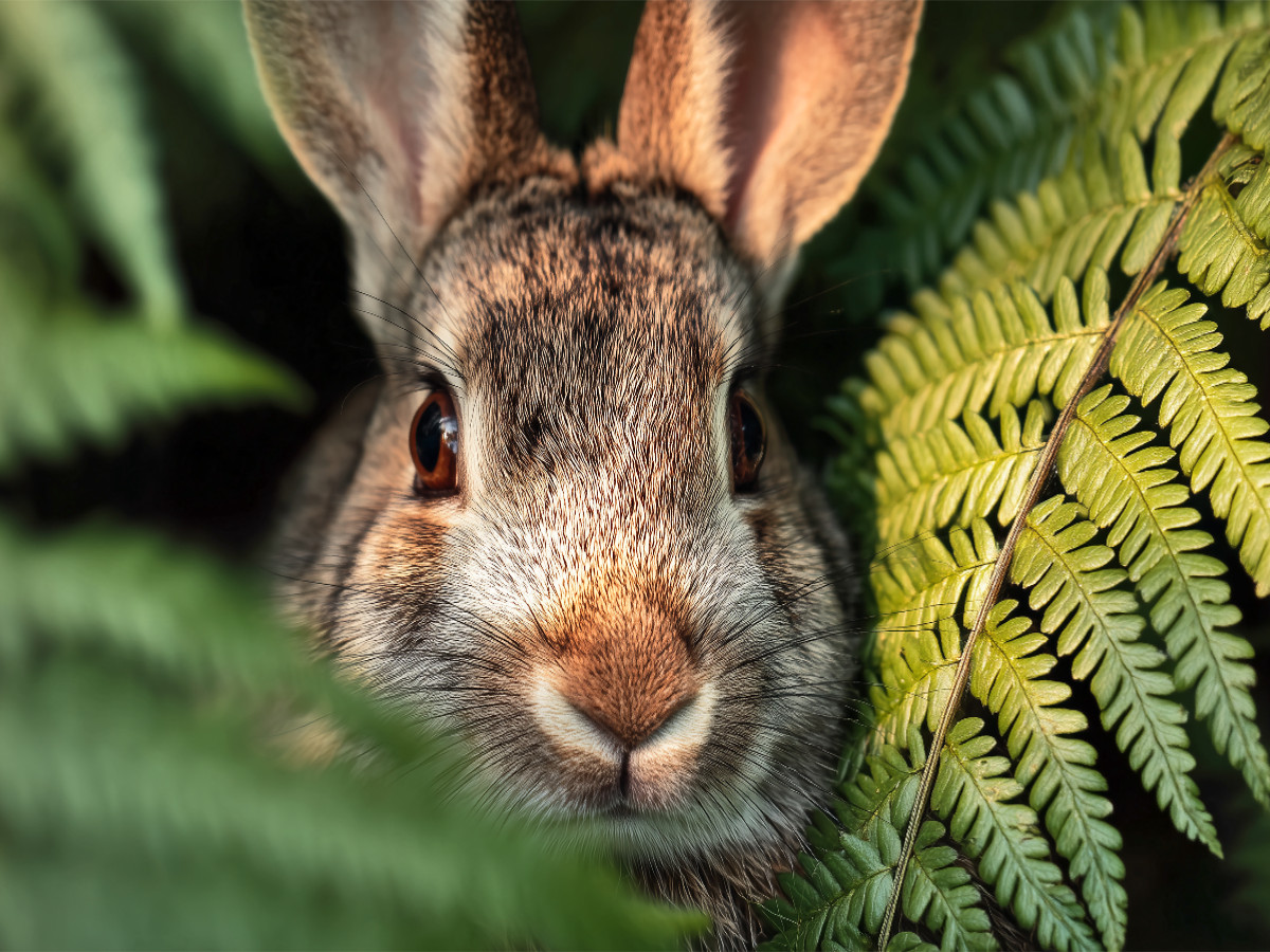 Neugier blinzelt zwischen Farn und Sonne
