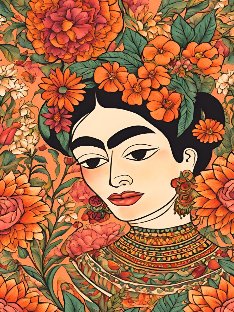 Blühende Stärke. Frida Kahlo inspiriert. Frauenporträt in warmen Blumentönen